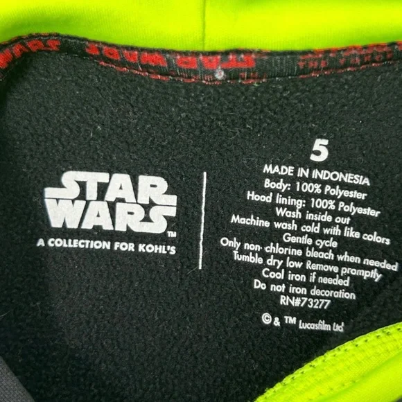 Star Wars The Force Awakens Boys Black/White/ Yellow Neon Hoodie Size 5 - Picture 7 of 7